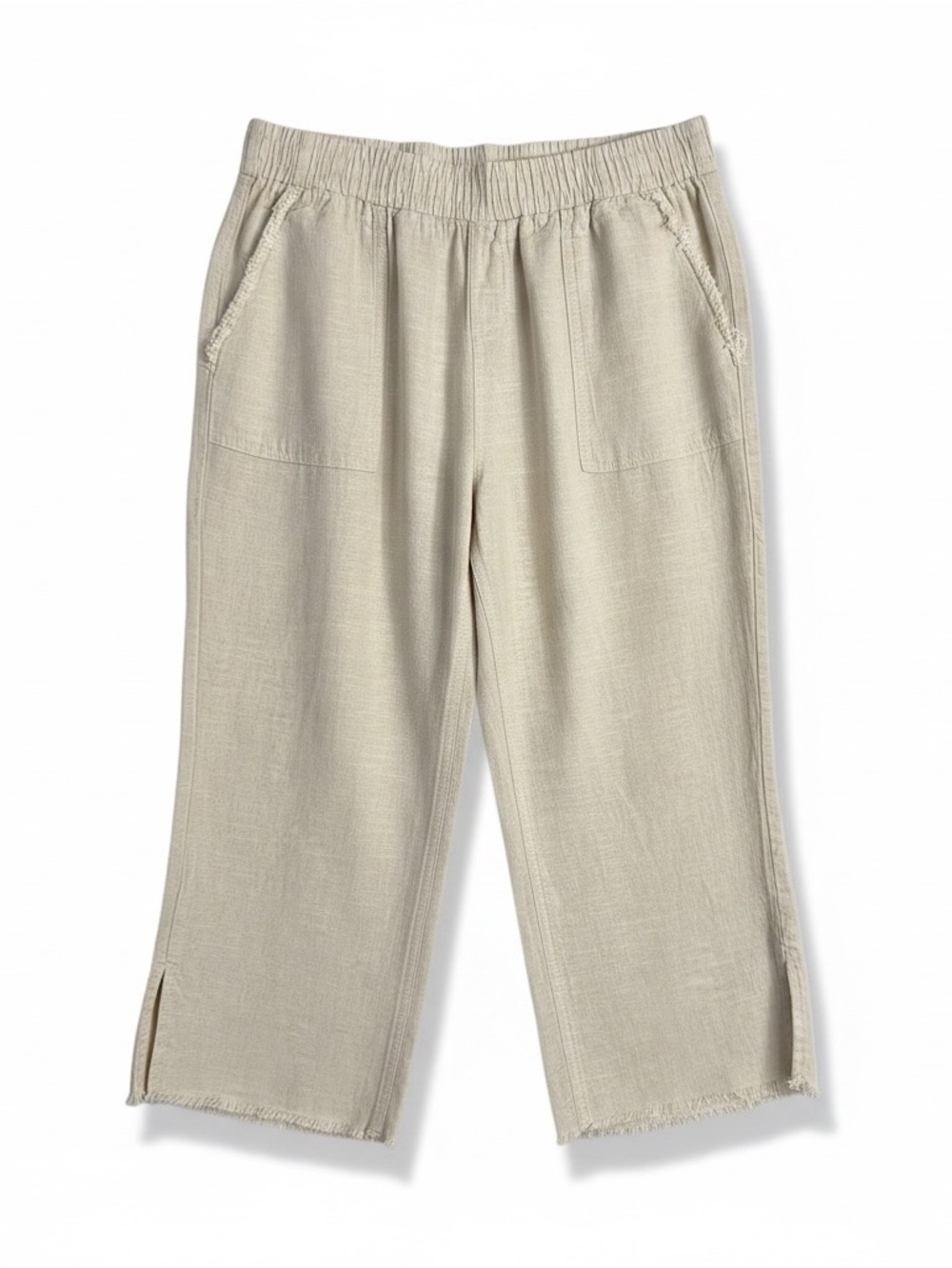 Westbound Petites Size PM Cropped Wide Leg Linen Blend Pants Frayed Pockets/Hem